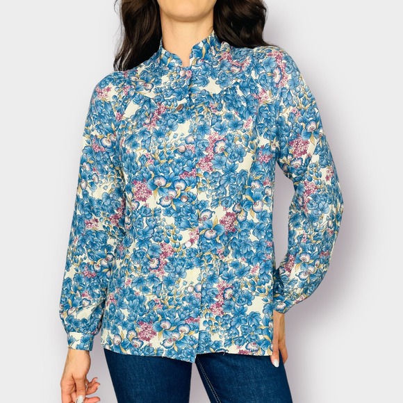 70s Pykettes Blue and Purple Floral Blouse - Picture 7 of 8